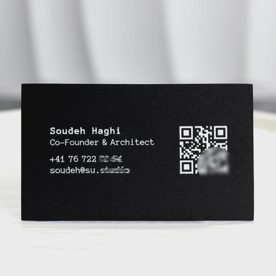 Luxury Black Business Cards: Blue Foil Edge, QR Code, Embossed