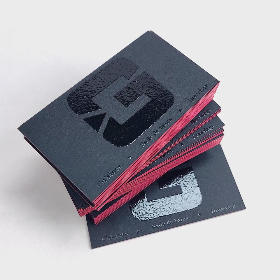 Embossed 3D Logo Business Cards: Rose Red Edge, Glitty UV Print, Eco-Friendly