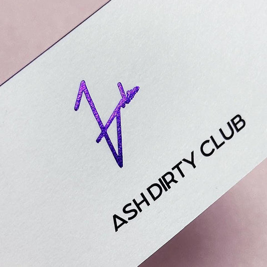 Holographic Purple Business Cards: Glitter Logo, Silver Foil Edge, Pearl Paper
