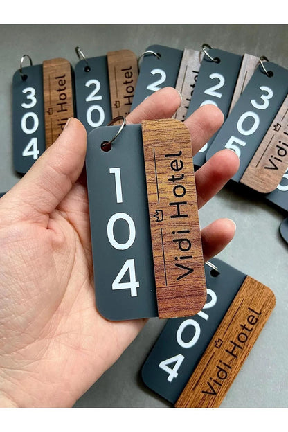 Custom Wooden and Acrylic Hotel Keychain - Personalized Key Tag for Hotels, Guesthouses, Hostels, Room Number & Logo Engraved