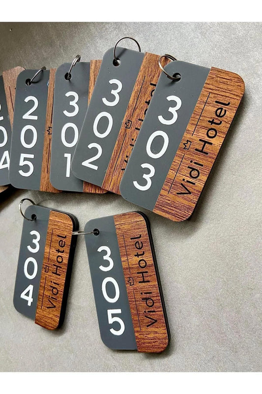Custom Wooden and Acrylic Hotel Keychain - Personalized Key Tag for Hotels, Guesthouses, Hostels, Room Number & Logo Engraved