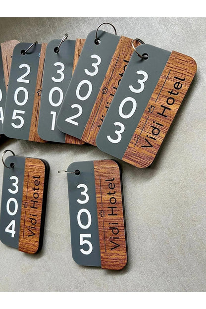 Custom Wooden and Acrylic Hotel Keychain - Personalized Key Tag for Hotels, Guesthouses, Hostels, Room Number & Logo Engraved