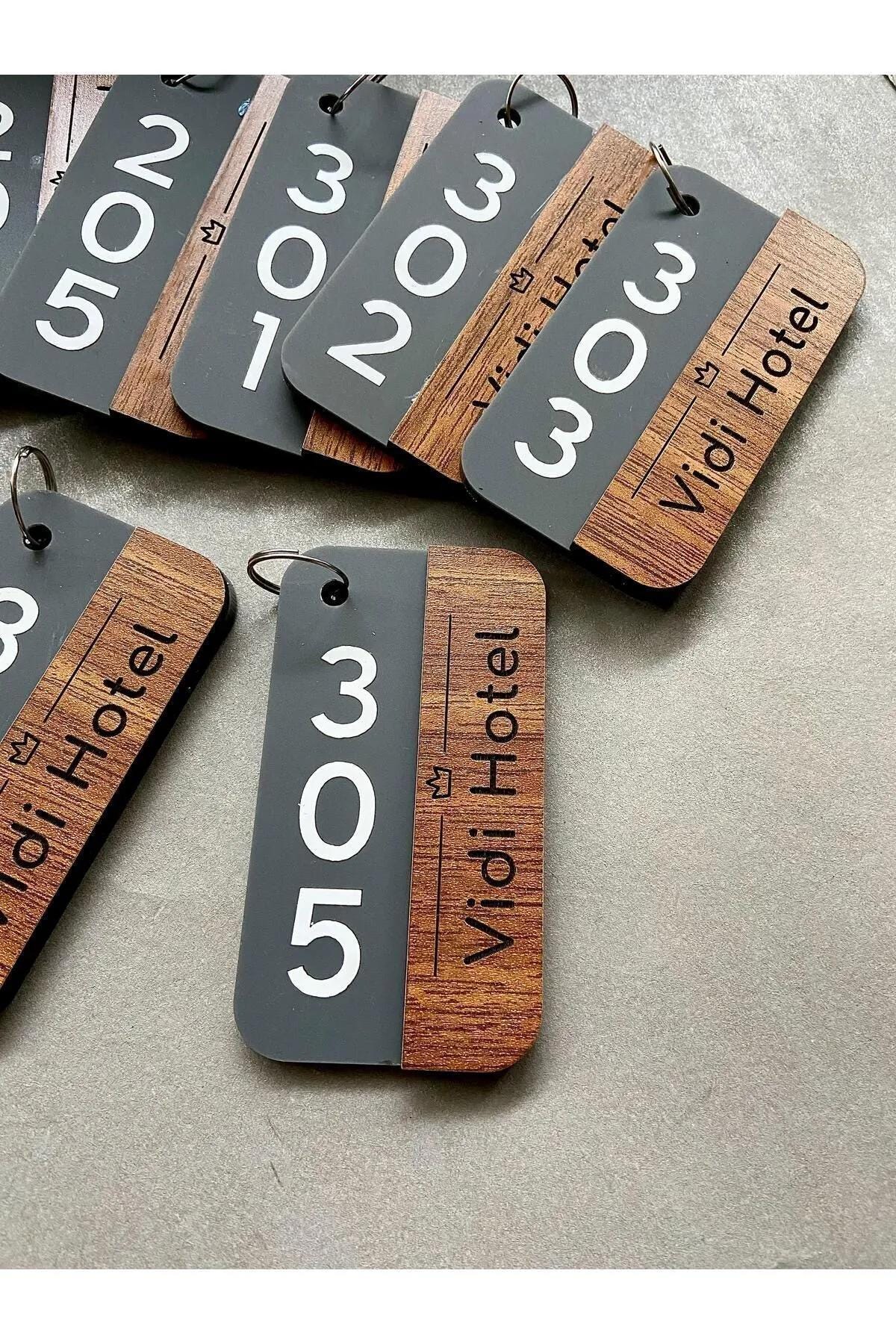 Custom Wooden and Acrylic Hotel Keychain - Personalized Key Tag for Hotels, Guesthouses, Hostels, Room Number & Logo Engraved