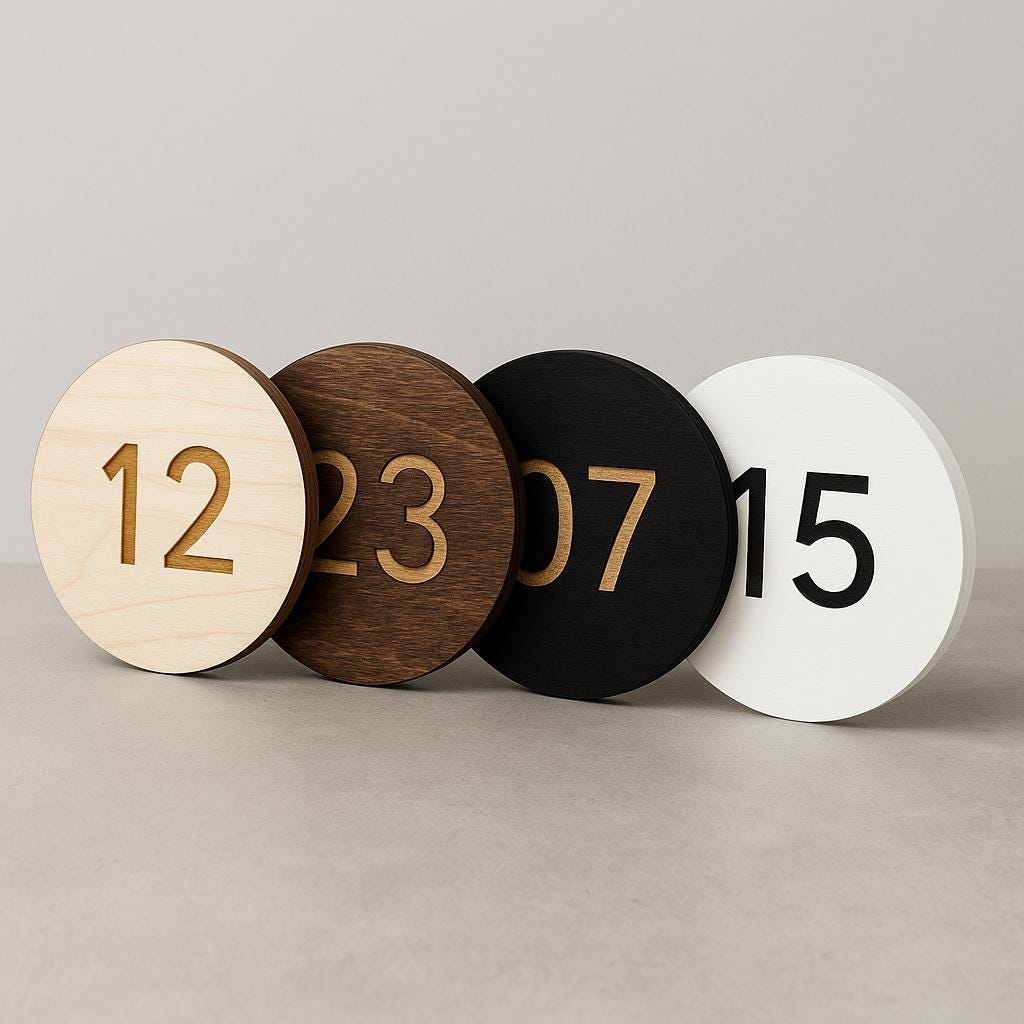 Round Wooden Room Number Sign – Custom Laser‑Engraved Birch Plywood, Peel‑&‑Stick Mount | Hotel • Airbnb • Office Door Plaque