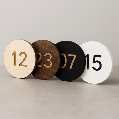 Round Wooden Room Number Sign – Custom Laser‑Engraved Birch Plywood, Peel‑&‑Stick Mount | Hotel • Airbnb • Office Door Plaque