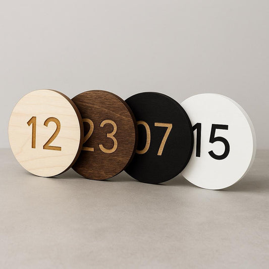 Round Wooden Room Number Sign – Custom Laser‑Engraved Birch Plywood, Peel‑&‑Stick Mount | Hotel • Airbnb • Office Door Plaque