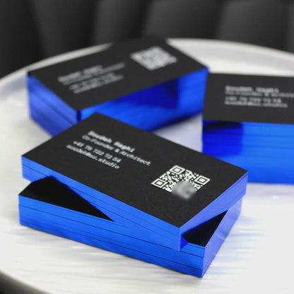 Luxury Black Business Cards: Blue Foil Edge, QR Code, Embossed