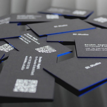 Luxury Black Business Cards: Blue Foil Edge, QR Code, Embossed