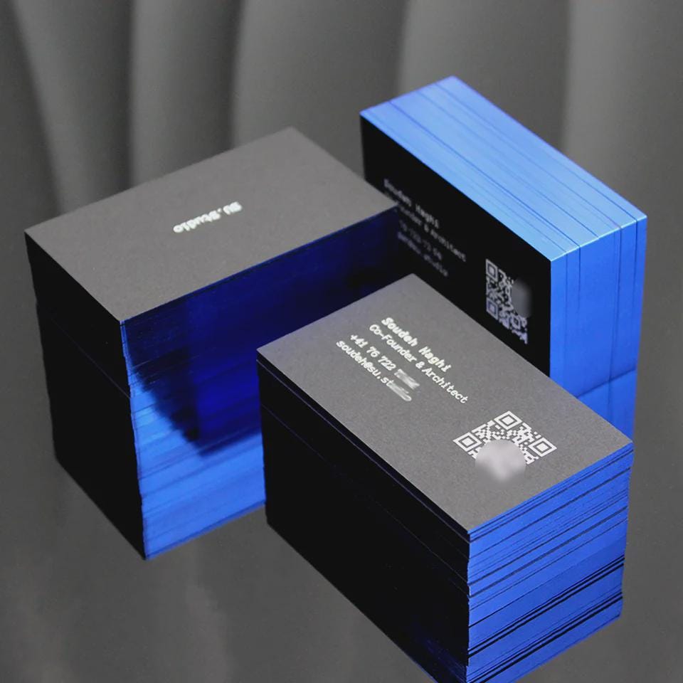 Luxury Black Business Cards: Blue Foil Edge, QR Code, Embossed