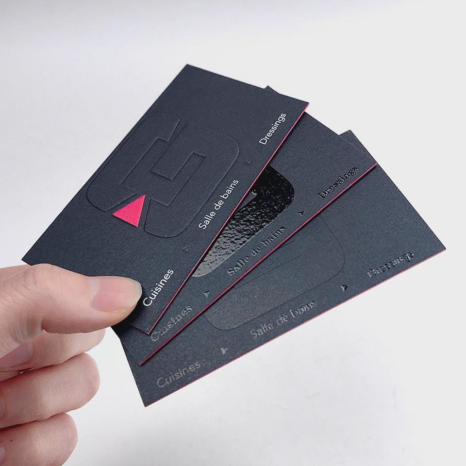 Embossed 3D Logo Business Cards: Rose Red Edge, Glitty UV Print, Eco-Friendly