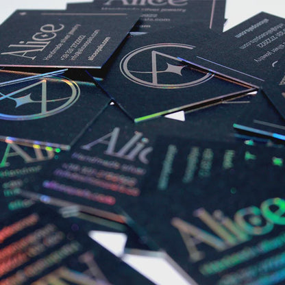 100 pcs Holographic Square Business Card Pearl Paper, Custom Glitter Logo, Silver Foil Edge, Double Sided Modern Iridescent Visiting Card