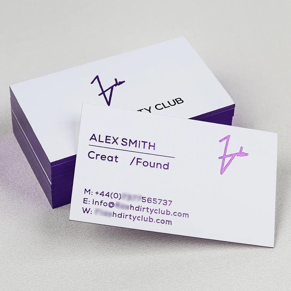 Holographic Purple Business Cards: Glitter Logo, Silver Foil Edge, Pearl Paper