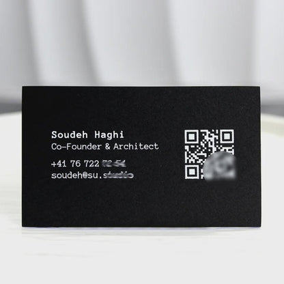 Luxury Black Business Cards: Blue Foil Edge, QR Code, Embossed