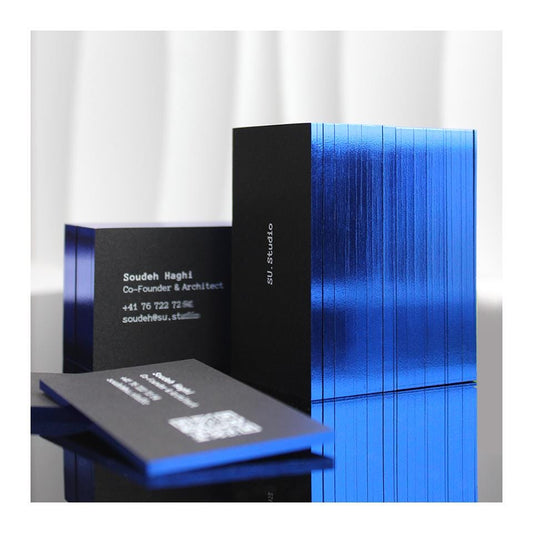 Luxury Black Business Cards: Blue Foil Edge, QR Code, Embossed