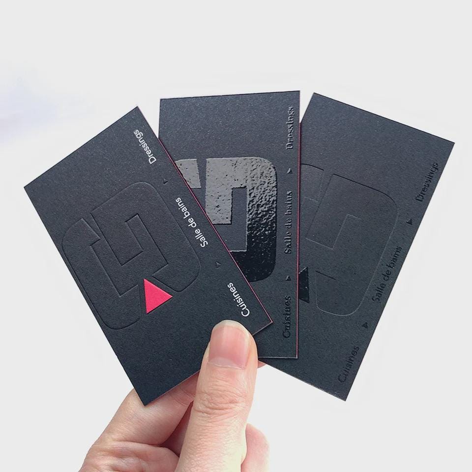 Embossed 3D Logo Business Cards: Rose Red Edge, Glitty UV Print, Eco-Friendly