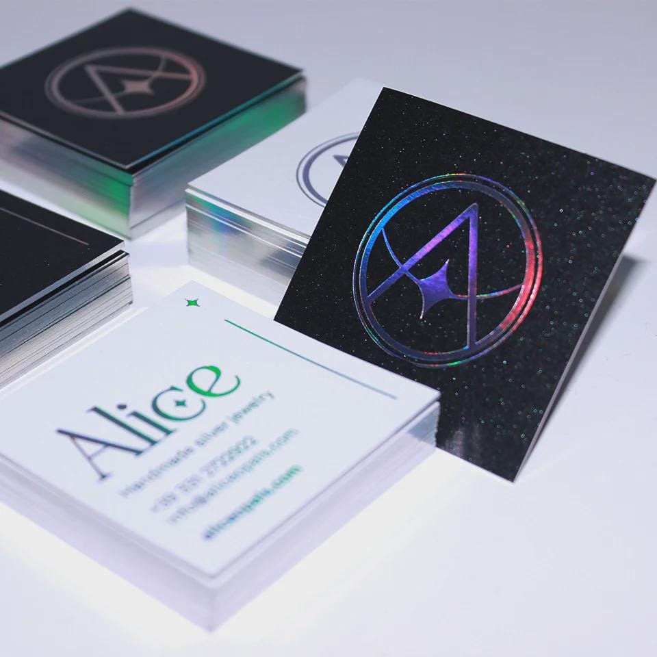 100 pcs Holographic Square Business Card Pearl Paper, Custom Glitter Logo, Silver Foil Edge, Double Sided Modern Iridescent Visiting Card