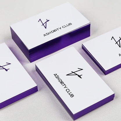 Holographic Purple Business Cards: Glitter Logo, Silver Foil Edge, Pearl Paper