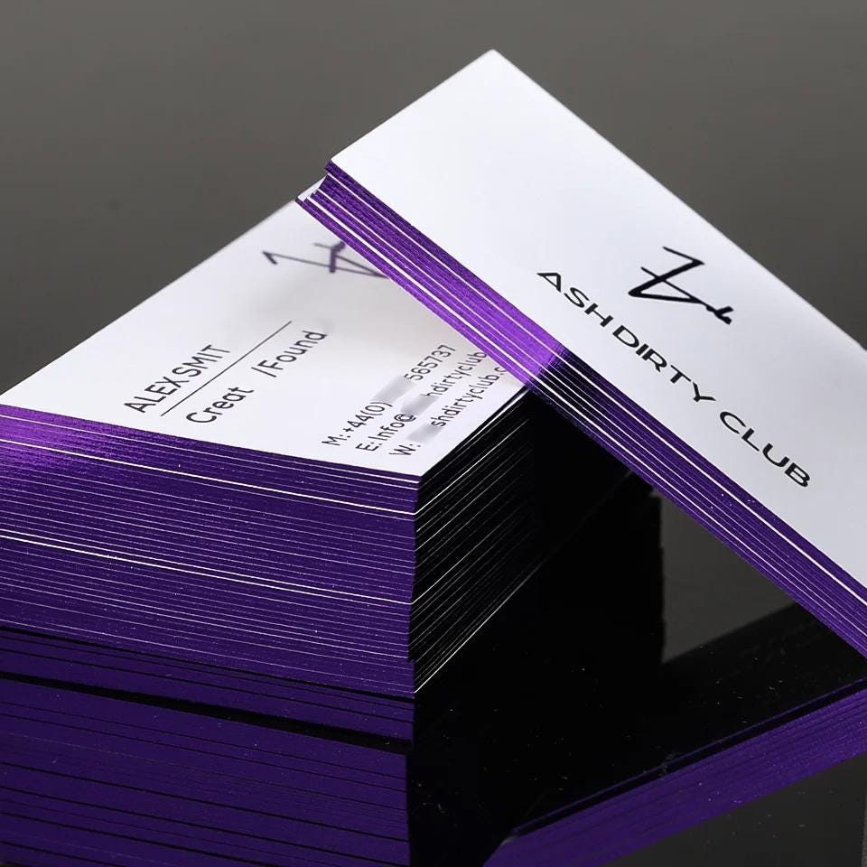 Holographic Purple Business Cards: Glitter Logo, Silver Foil Edge, Pearl Paper