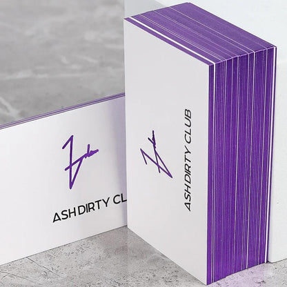 Holographic Purple Business Cards: Glitter Logo, Silver Foil Edge, Pearl Paper