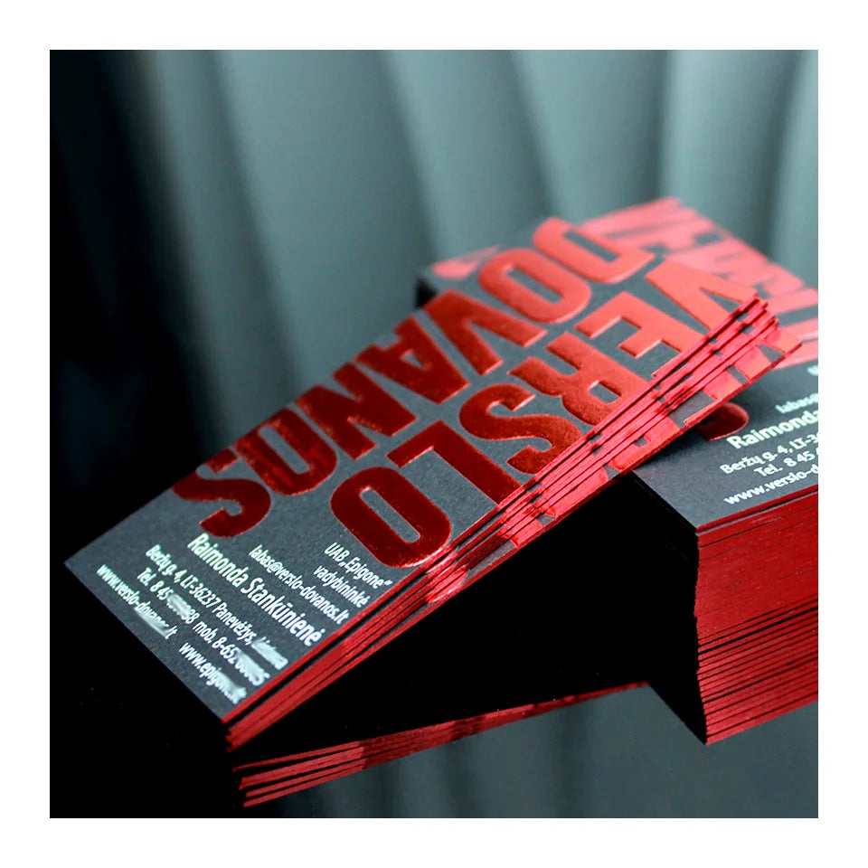 100 pcs Eco-Friendly Black Business Card - Glossy Red Foil, Embossed Text & Red Edge