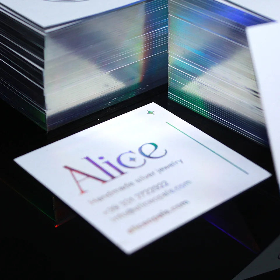 100 pcs Custom Holographic Square Business Card - Pearl Paper, Glitter Logo, Silver Edge