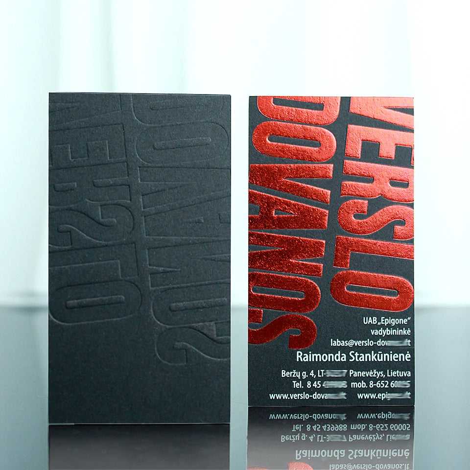 100 pcs Eco-Friendly Black Business Card - Glossy Red Foil, Embossed Text & Red Edge
